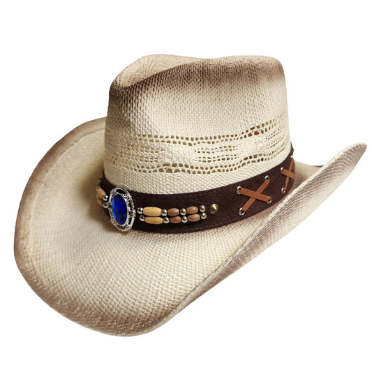 Straw cowboy hat blend and a striking blue gemstone